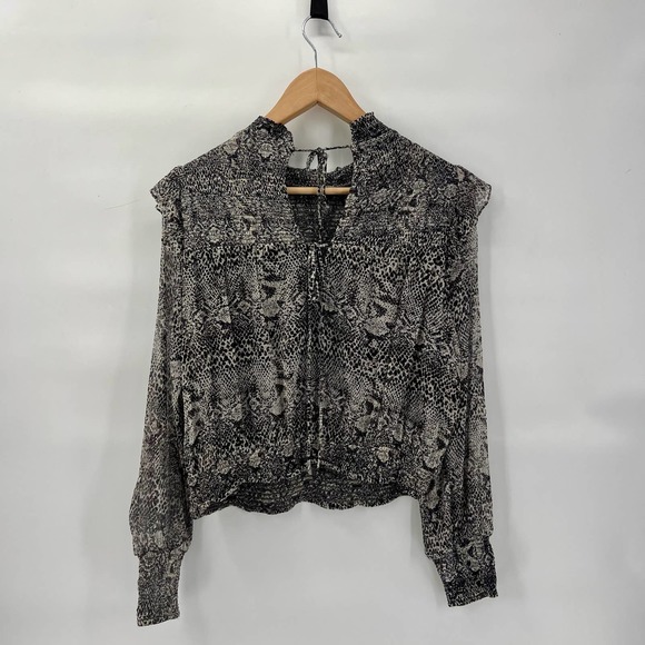 Free People Womens Roma Chiffon Top Medium Black Gray Snake Combo Ruffle Smocked - Picture 6 of 12